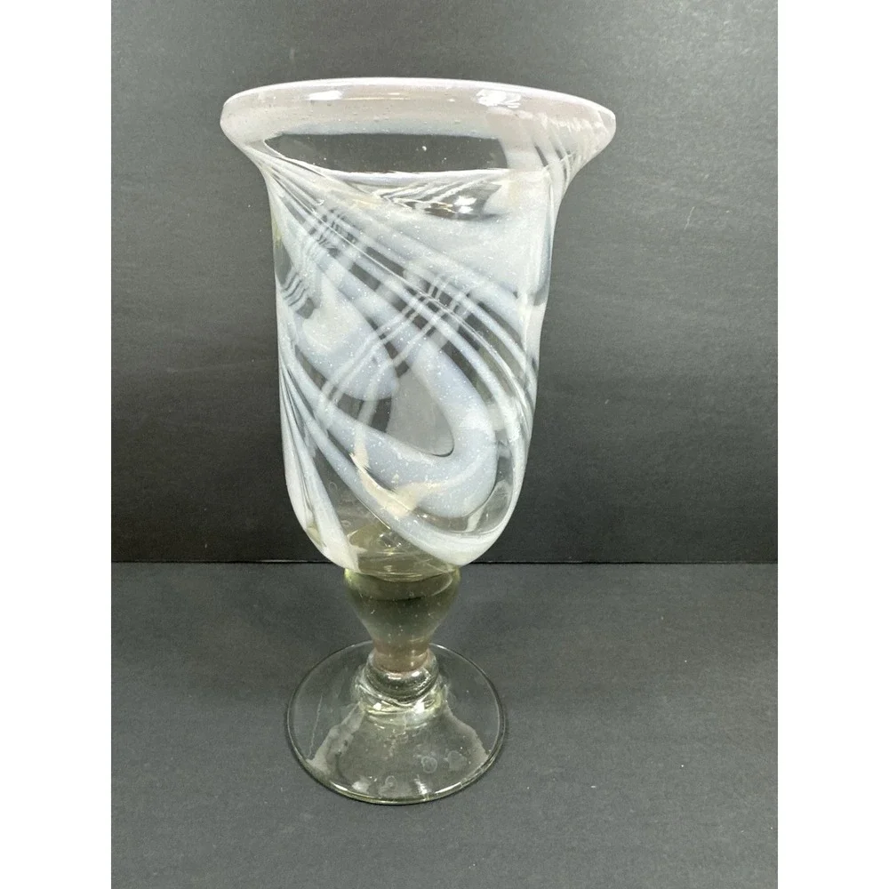 Hurricane/Celery Pedestal Vase/Goblet Pink Opaque Cloudy Swirl 7.75